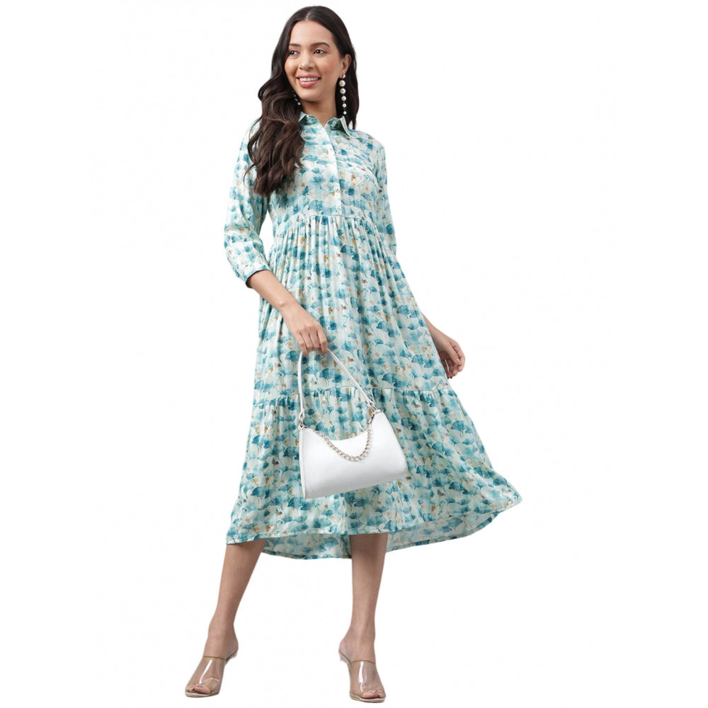 Amfyn Women's Casual 3-4th Sleeve Printed Georgette Gown (Blue)