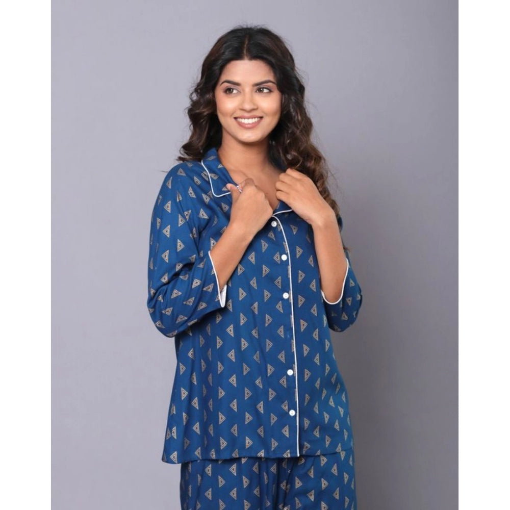 Amfyn Women's Casual Rayon 3-4th Sleeve Night Suit Set (Blue)