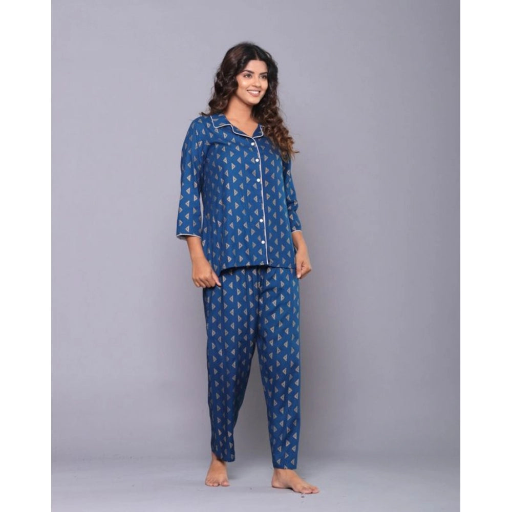 Amfyn Women's Casual Rayon 3-4th Sleeve Night Suit Set (Blue)