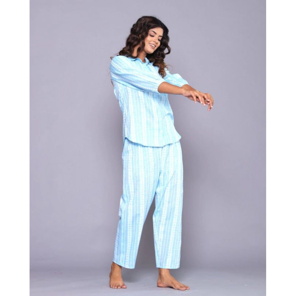 Amfyn Women's Casual Cotton 3-4th Sleeve Full Night Suit Set (Aqua)