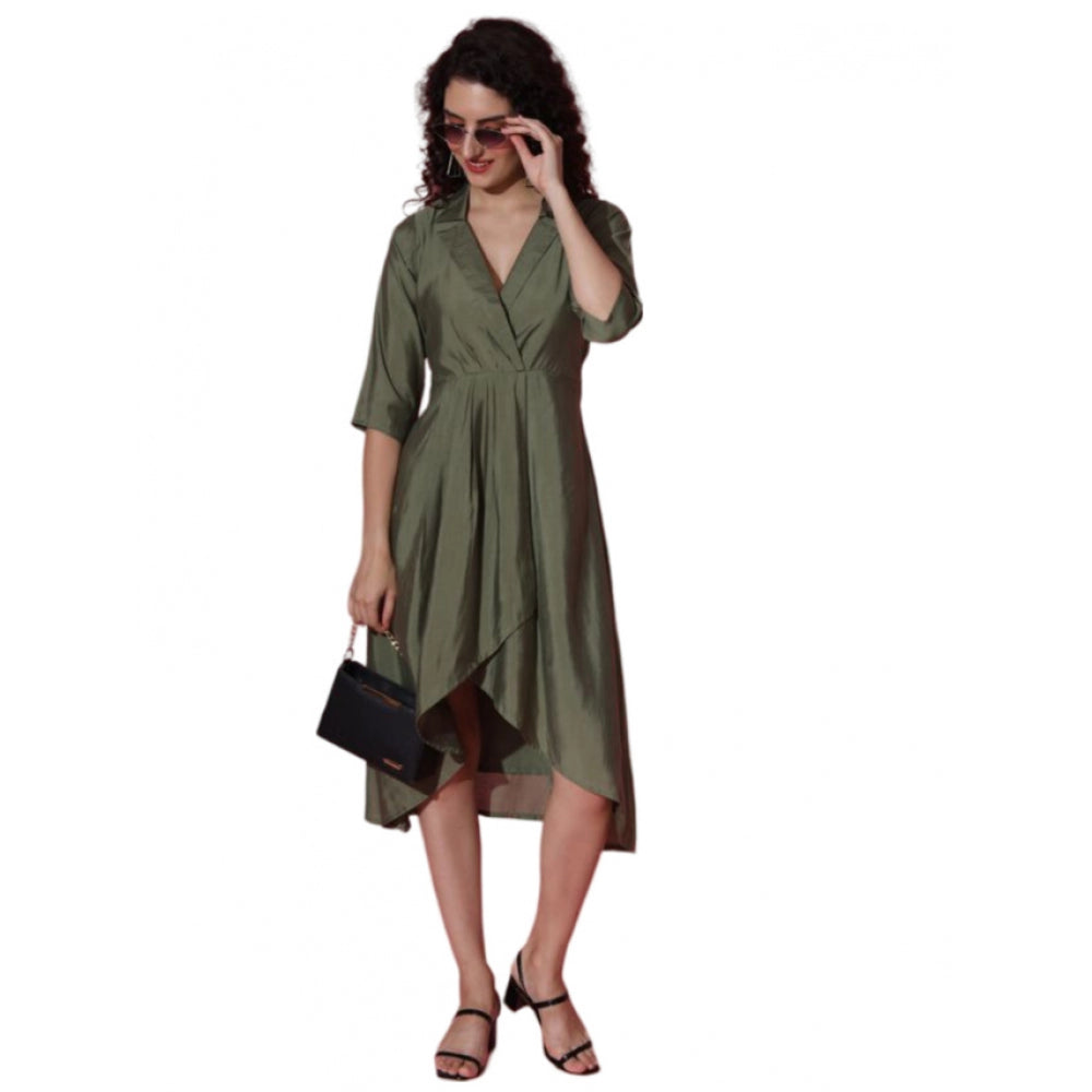 Amfyn Women's Casual 3-4th Sleeve Solid Chanderi silk Dress (Olive-Green)