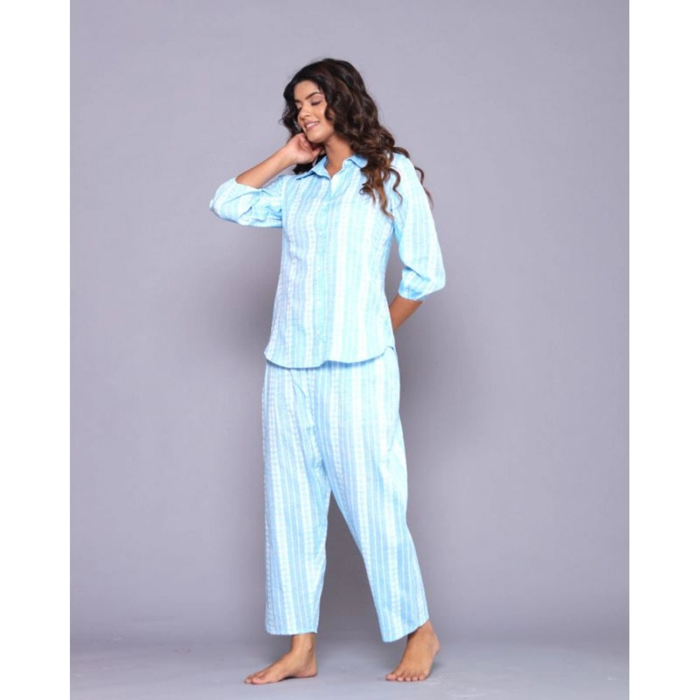 Amfyn Women's Casual Cotton 3-4th Sleeve Full Night Suit Set (Aqua)