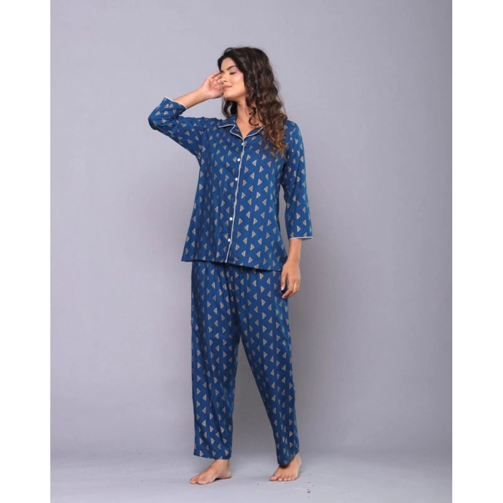 Amfyn Women's Casual Rayon 3-4th Sleeve Night Suit Set (Blue)