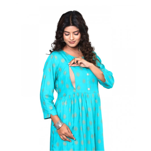 Amfyn Women's Casual Viscose Rayon 3-4th Sleeve Maternity Kurti (Aqua Blue)