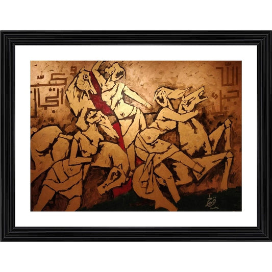 Amfyn Three Horses and the Riders Painting With Wood Photo Frame (Multicolor)