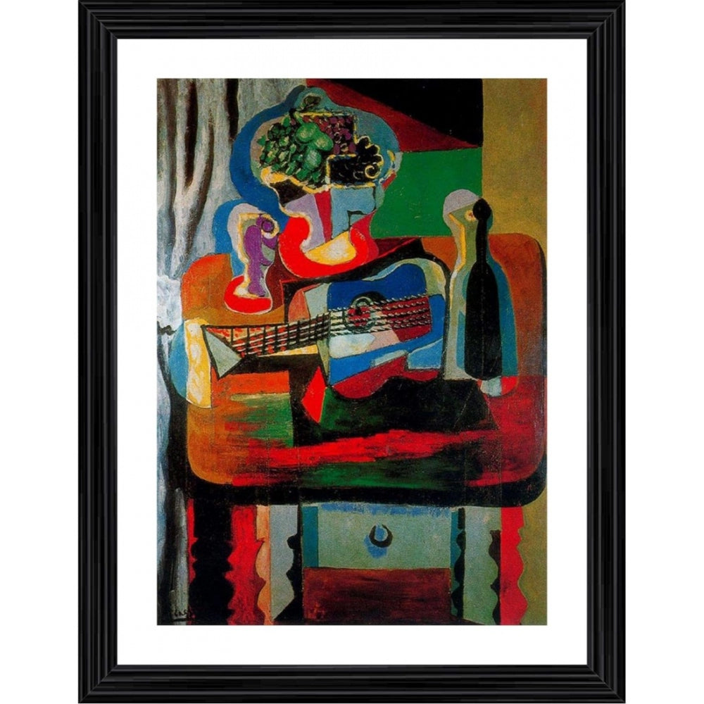 Amfyn Guitar Bottle Fruit Dish and Glass 1919 Painting With Wood Photo Frame (Multicolor)