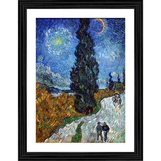 Amfyn Road with Cypress and Star 1890 Painting With Wood Photo Frame (Multicolor)