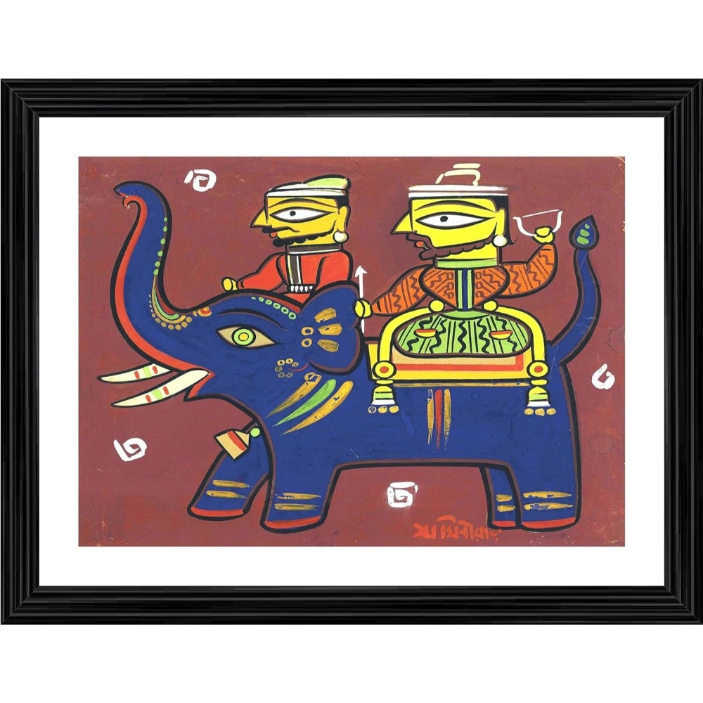 Amfyn Two Hunters with Elephant Painting With Wood Photo Frame (Multicolor)