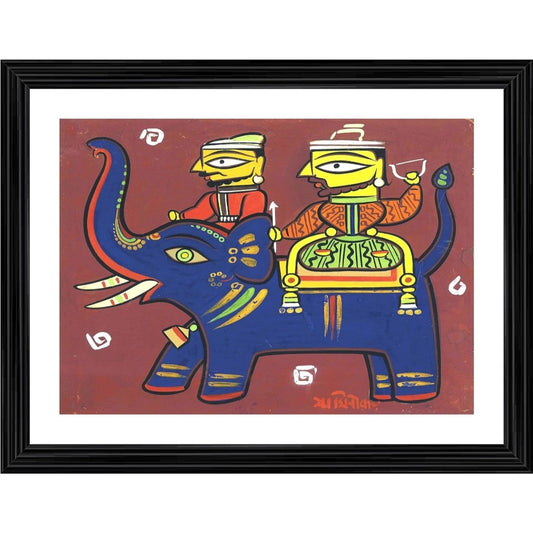 Amfyn Two Hunters with Elephant Painting With Wood Photo Frame (Multicolor)