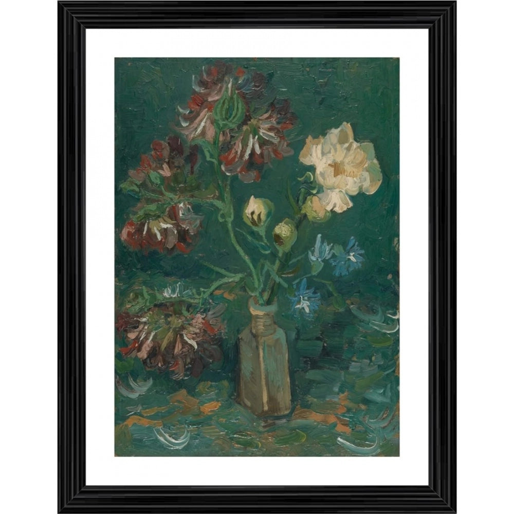 Amfyn Vase with Peonies and Blue Delphiniums 1886 Painting With Wood Photo Frame (Multicolor)