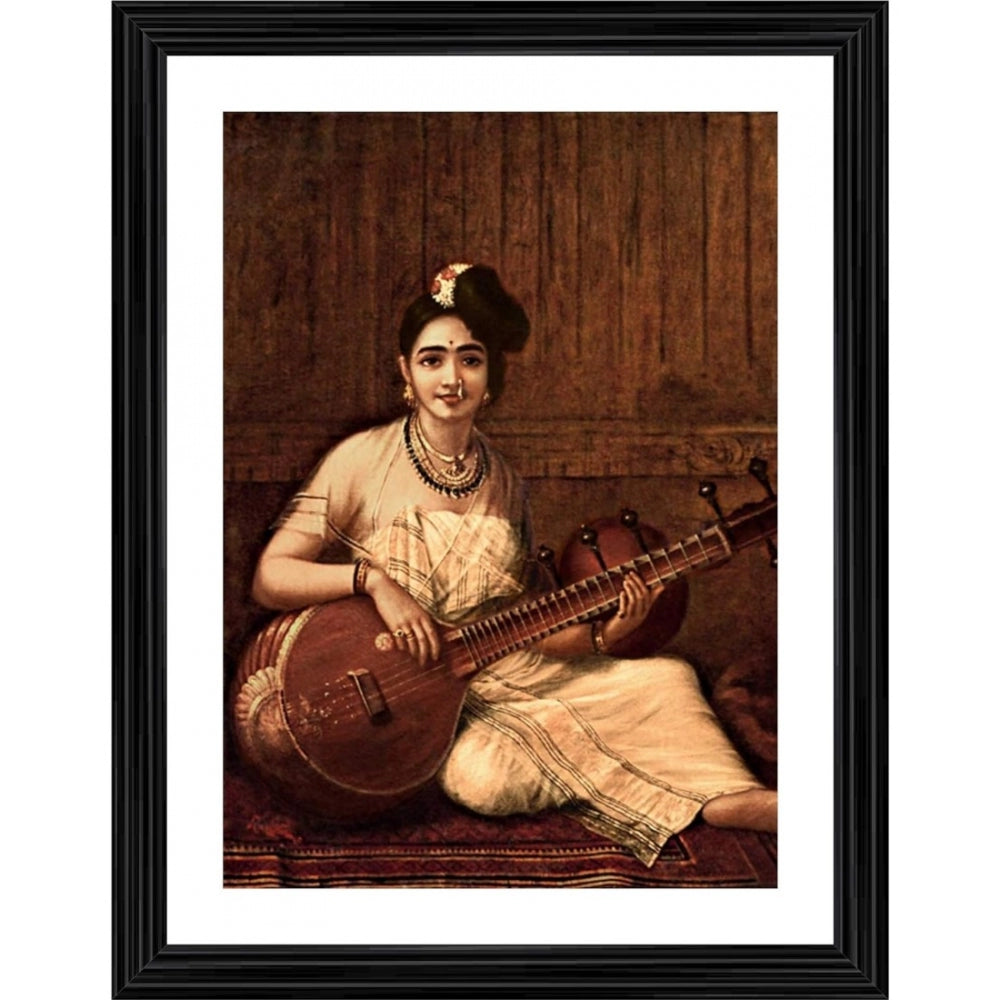 Amfyn Malabar Lady with Veena 1900 Painting With Wood Photo Frame (Multicolor)