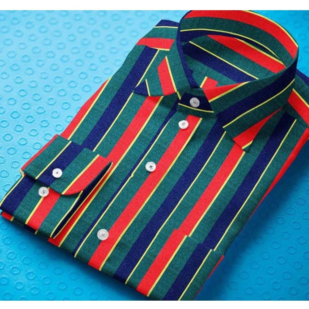 Amfyn Men's Cotton Blended Striped Full Sleeve Shirt (Red-Green)