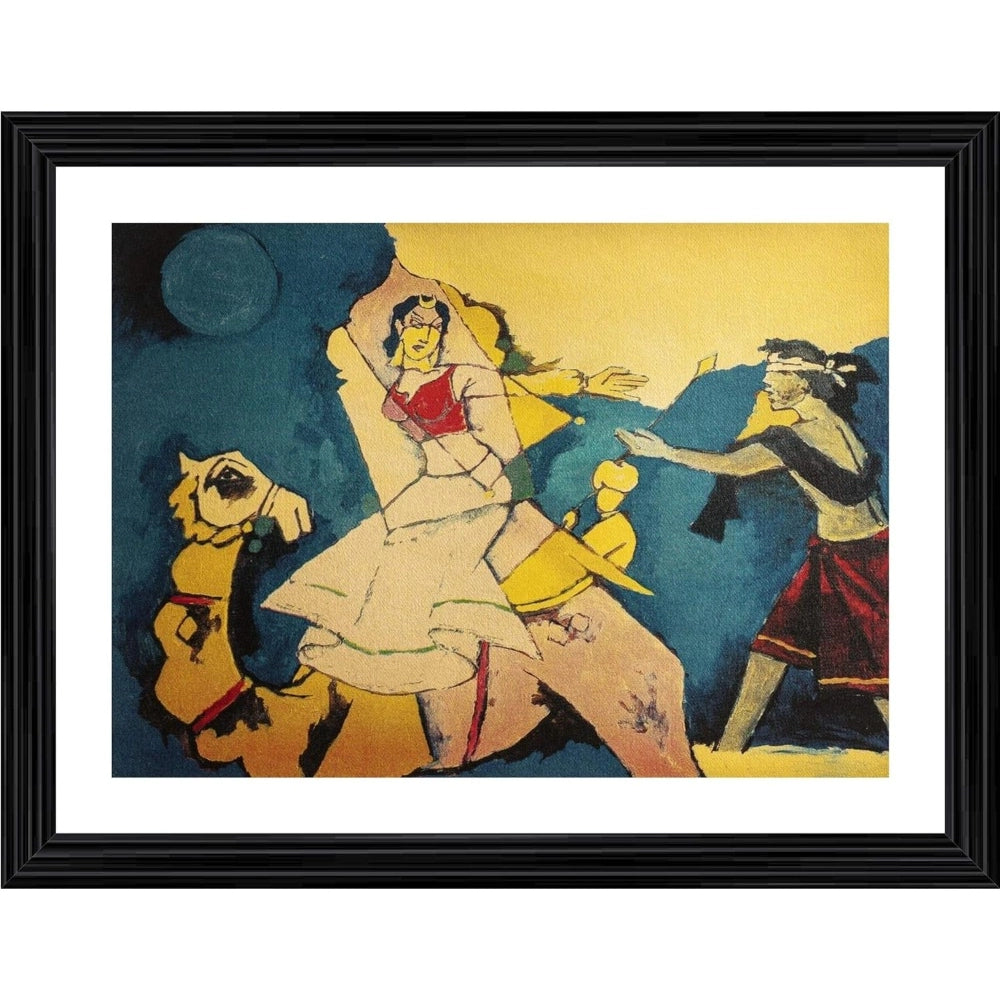 Amfyn Laila Majnu and Camel Painting With Wood Photo Frame (Multicolor)