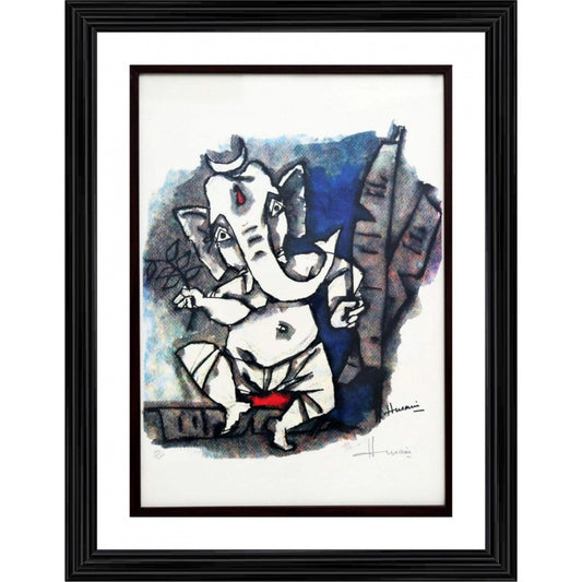Amfyn Ganesha Dances Painting With Wood Photo Frame (Multicolor)