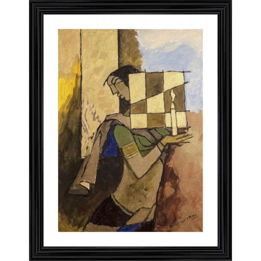 Amfyn Lady with a Candle Painting With Wood Photo Frame (Multicolor)