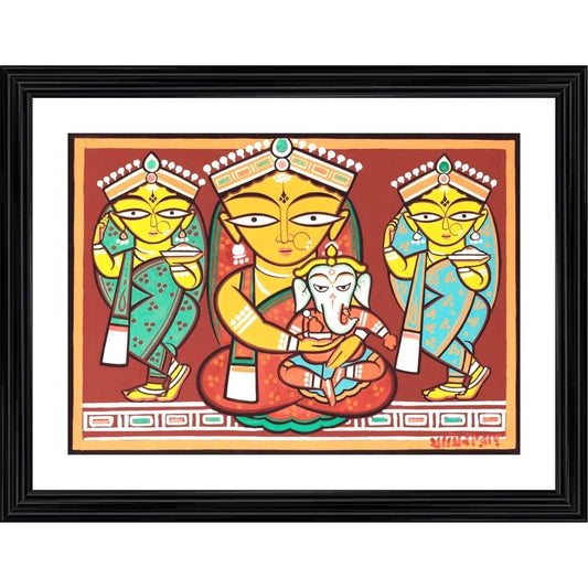 Amfyn Parvati Ganesh Painting With Wood Photo Frame (Multicolor)