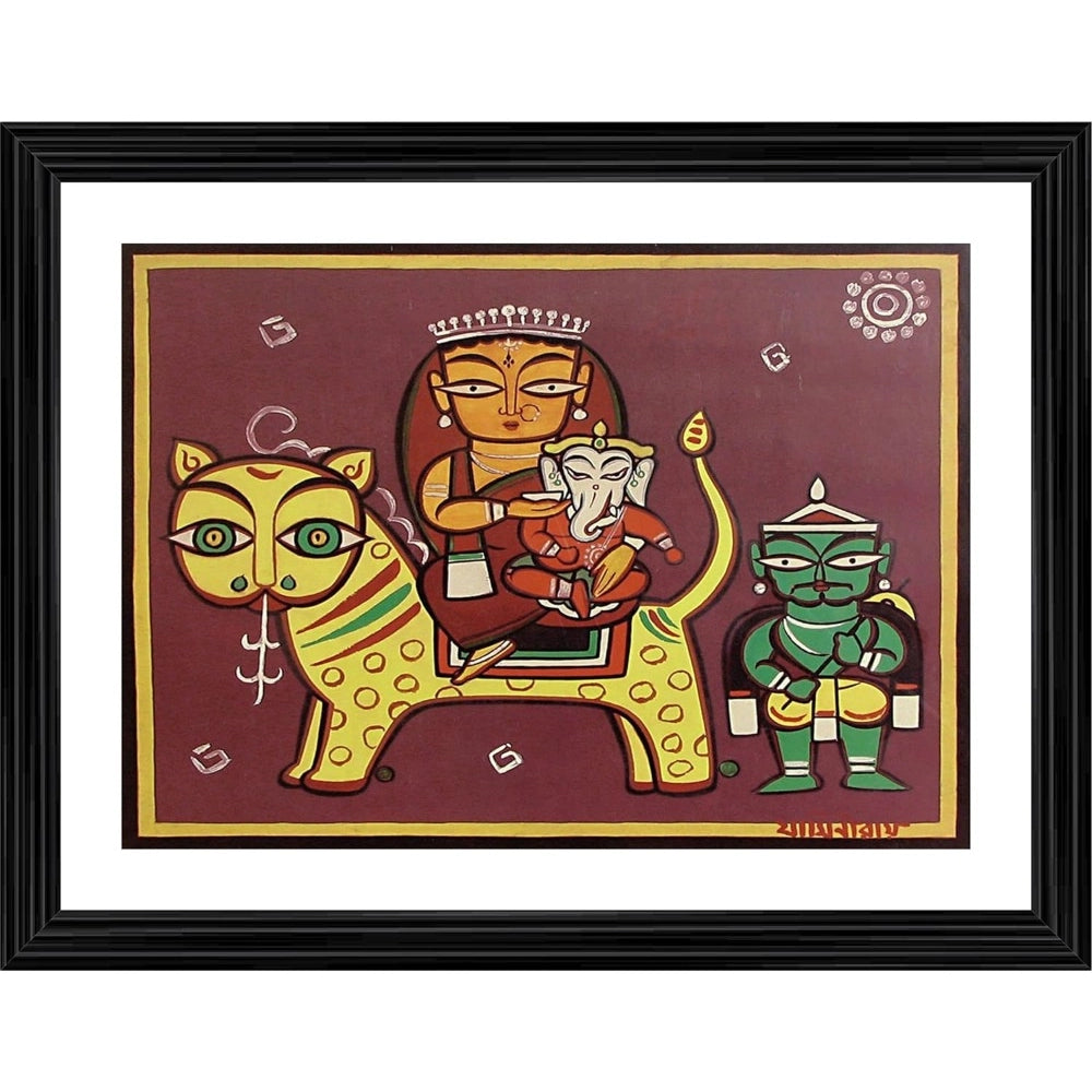 Amfyn Parvati Ganesh on Vaahan Painting With Wood Photo Frame (Multicolor)