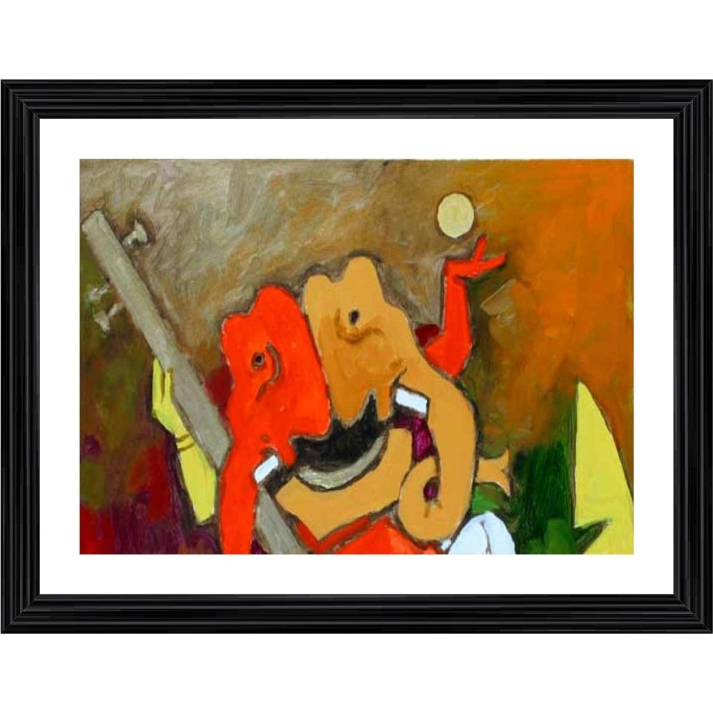 Amfyn Ganesh Playing Veena Painting With Wood Photo Frame (Multicolor)