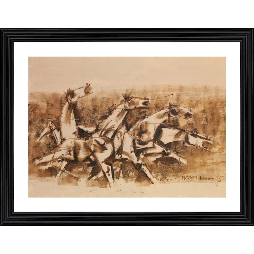 Amfyn Four Horses and the Battle Painting With Wood Photo Frame (Multicolor)