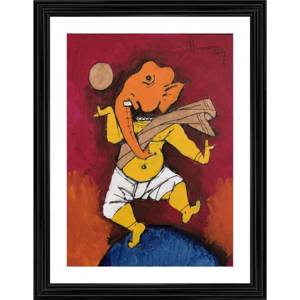 Amfyn Ganesh and the Moon Painting With Wood Photo Frame (Multicolor)