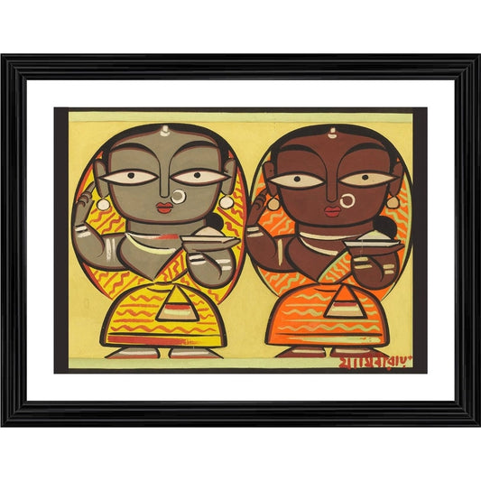 Amfyn Two Worshiping Women Painting With Wood Photo Frame (Multicolor)
