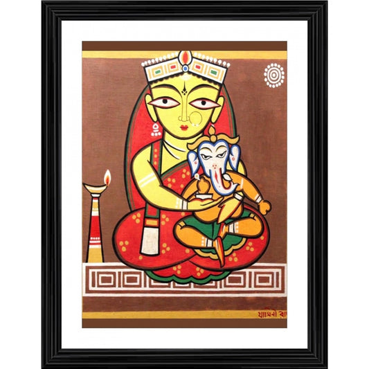 Amfyn Ganesh Parvati Painting With Wood Photo Frame (Multicolor)