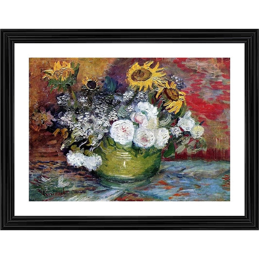 Amfyn Still life with roses and sunflowers 1886 Painting With Wood Photo Frame (Multicolor)