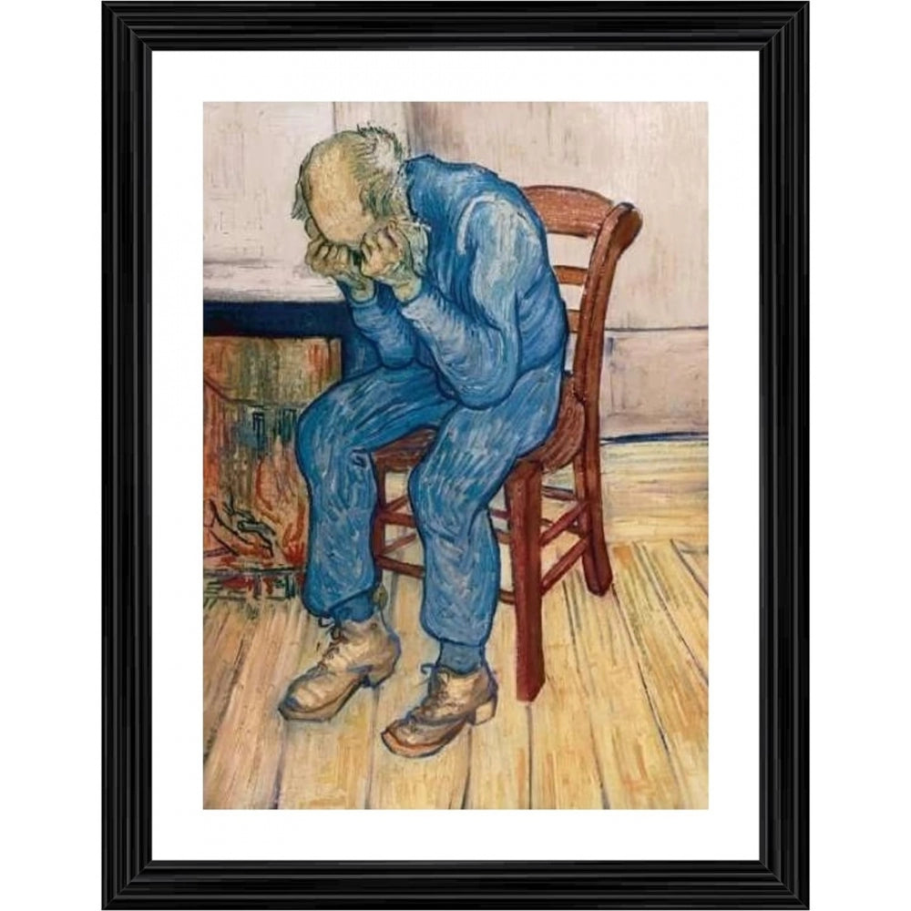 Amfyn Worn Out Old Man in Sorrow 1982 Painting With Wood Photo Frame (Multicolor)