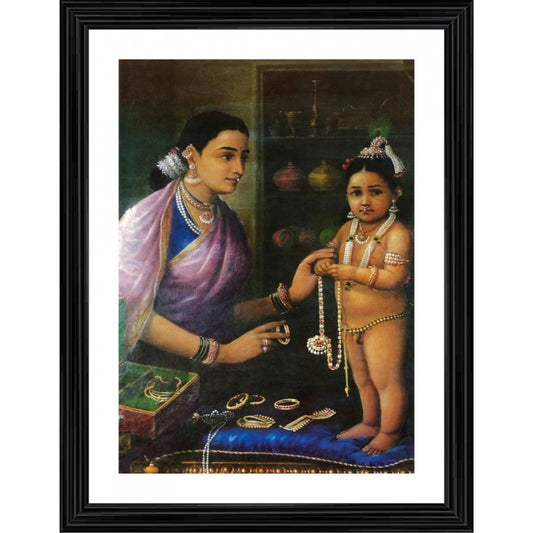 Amfyn Yashoda Bal Krishna with Cow 1879 Painting With Wood Photo Frame (Multicolor)