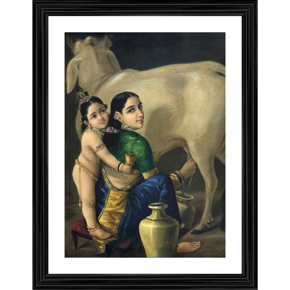 Amfyn Yashoda Bal Krishna with Ornaments 1870 Painting With Wood Photo Frame (Multicolor)
