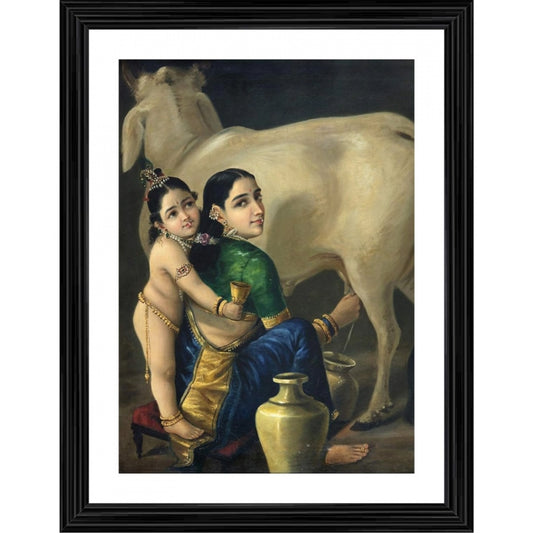 Amfyn Yashoda Bal Krishna with Ornaments 1870 Painting With Wood Photo Frame (Multicolor)