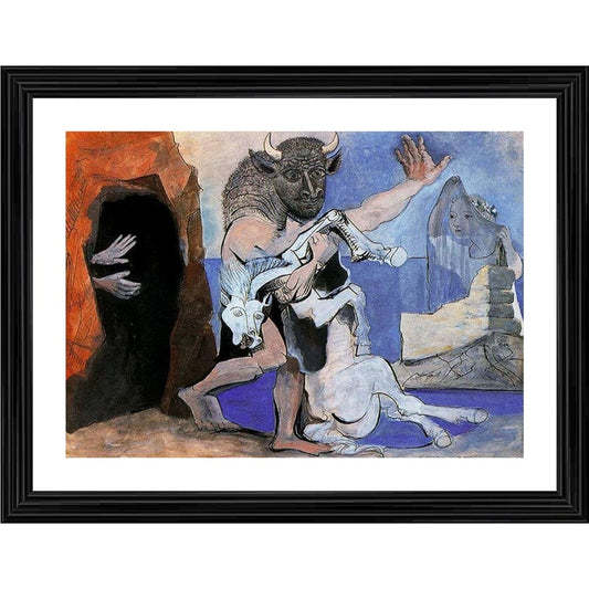 Fashion Minotaur with Dead Mare in front of a Cave 1936 Painting With Wood Photo Frame (Multicolor)