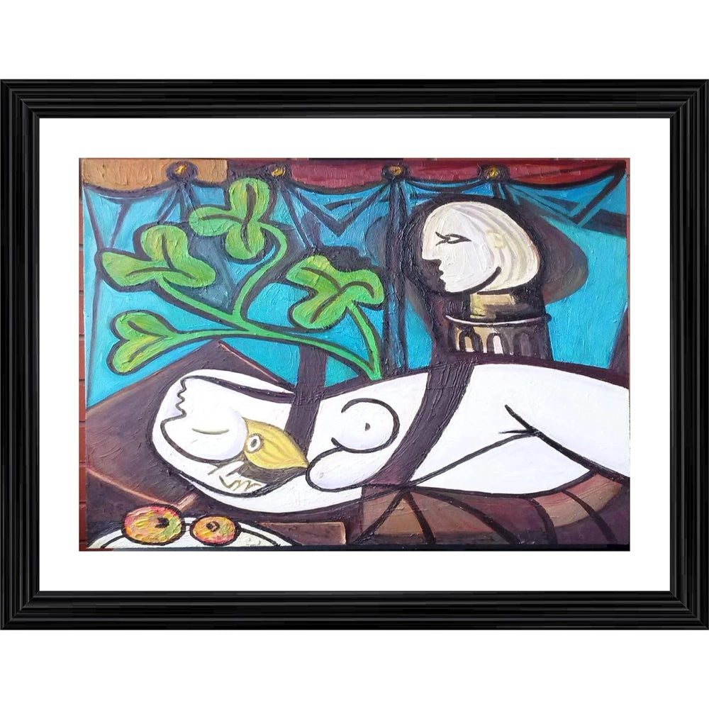 Fashion Nude Green Leaves and Bust 1932 Painting With Wood Photo Frame (Multicolor)