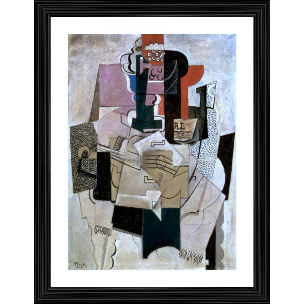 Fashion Bowl of Fruit Violin and Bottle 1914 Painting With Wood Photo Frame (Multicolor)