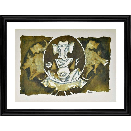 Amfyn Shree Ganesh Painting With Wood Photo Frame (Multicolor)