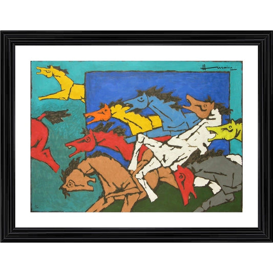 Amfyn Village Horses Painting With Wood Photo Frame (Multicolor)