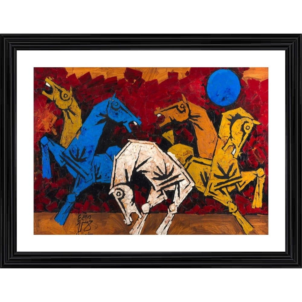Amfyn Five Horses Painting With Wood Photo Frame (Multicolor)