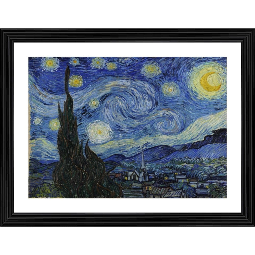 Amfyn Starry Night 1889 Painting With Wood Photo Frame (Multicolor)