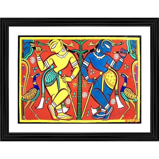Amfyn Krishna Balram Painting With Wood Photo Frame (Multicolor)