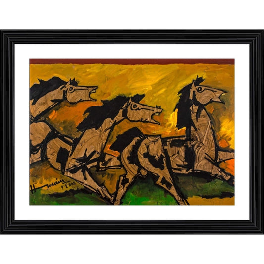 Amfyn Three Horses Painting With Wood Photo Frame (Multicolor)