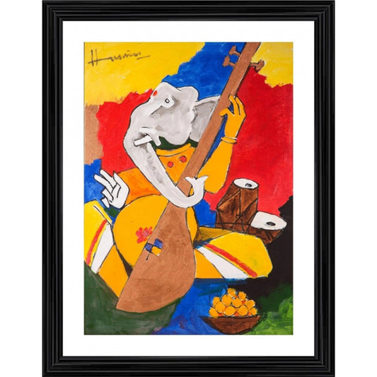 Amfyn Ganesh and Veena Painting With Wood Photo Frame (Multicolor)