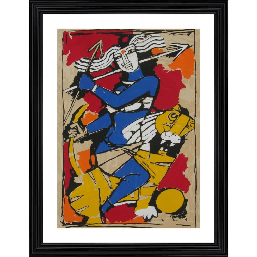 Amfyn Goddess Durga Painting With Wood Photo Frame (Multicolor)