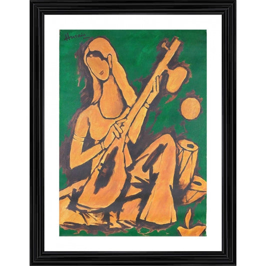 Amfyn Lady with Veena Painting With Wood Photo Frame (Multicolor)