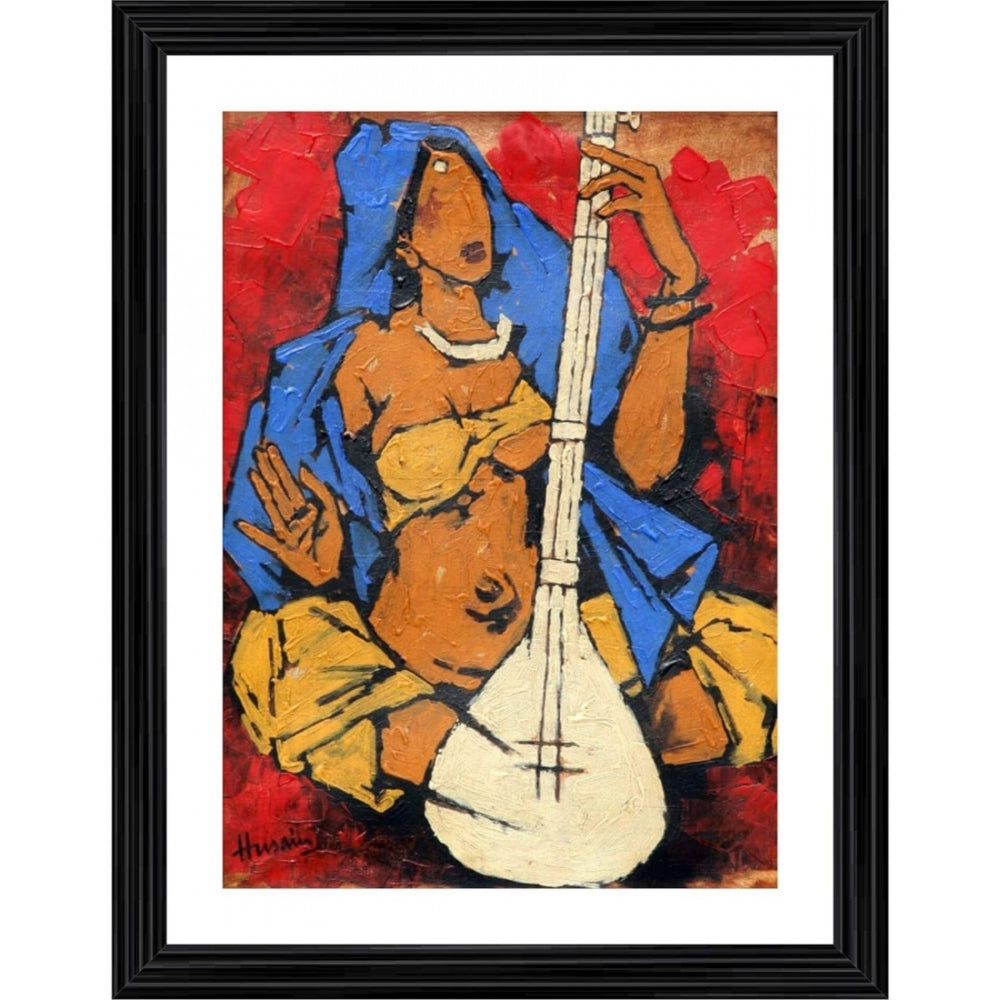 Amfyn Lady with Sitar Painting With Wood Photo Frame (Multicolor)
