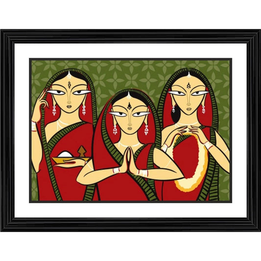 Amfyn Three Worshiping Women Painting With Wood Photo Frame (Multicolor)