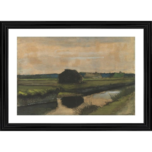 Amfyn Stack of Peat and Farmhouses 1883 Painting With Wood Photo Frame (Multicolor)