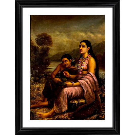 Amfyn Shakuntala writing a love letter on a lotus leaf 1900 Painting With Wood Photo Frame (Multicolor)