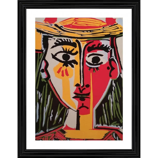 Fashion Head of a Woman in a Hat 1962 Painting With Wood Photo Frame (Multicolor)