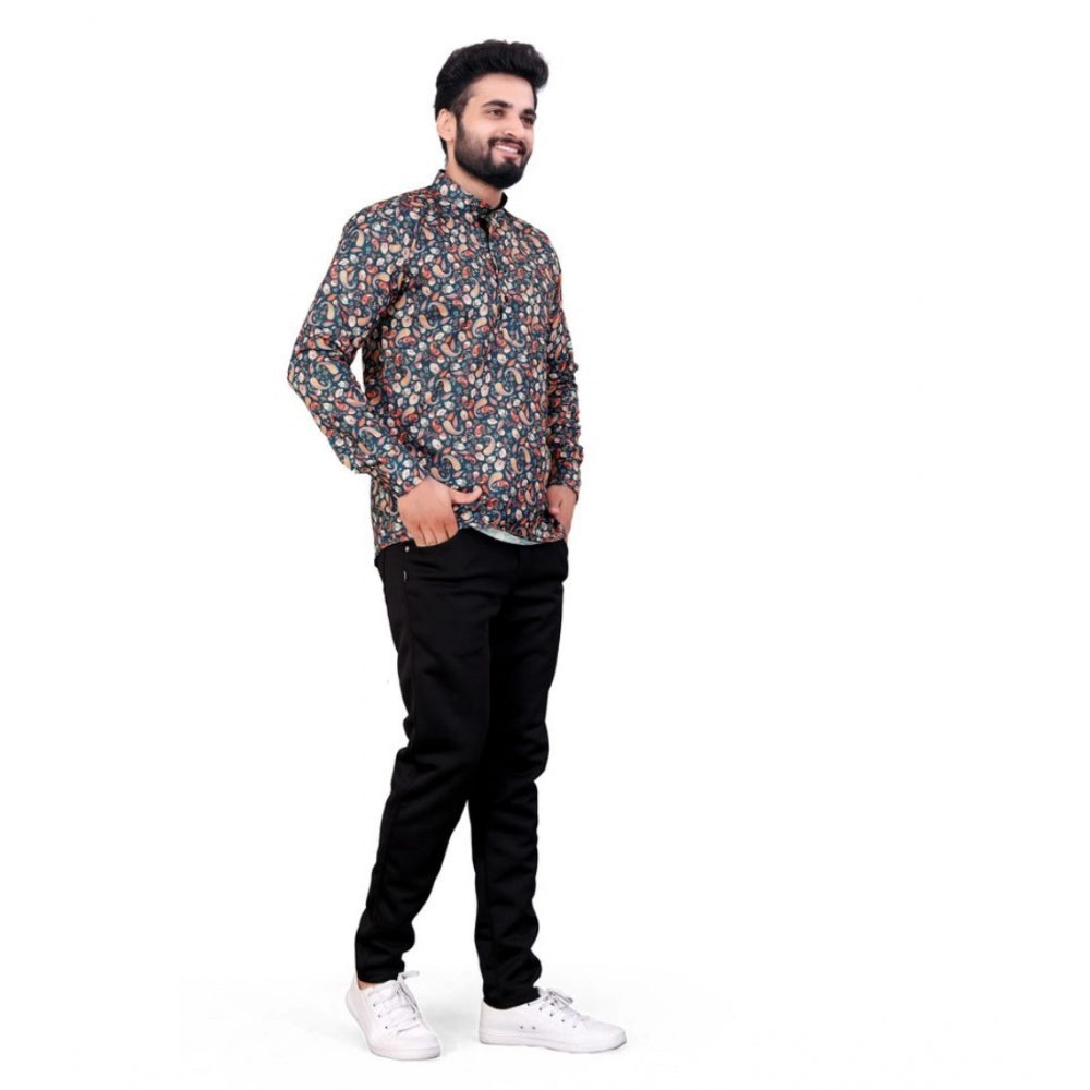 Amfyn Men's Cotton Blended Printed Full Sleeve Shortkurta (Multicolor)