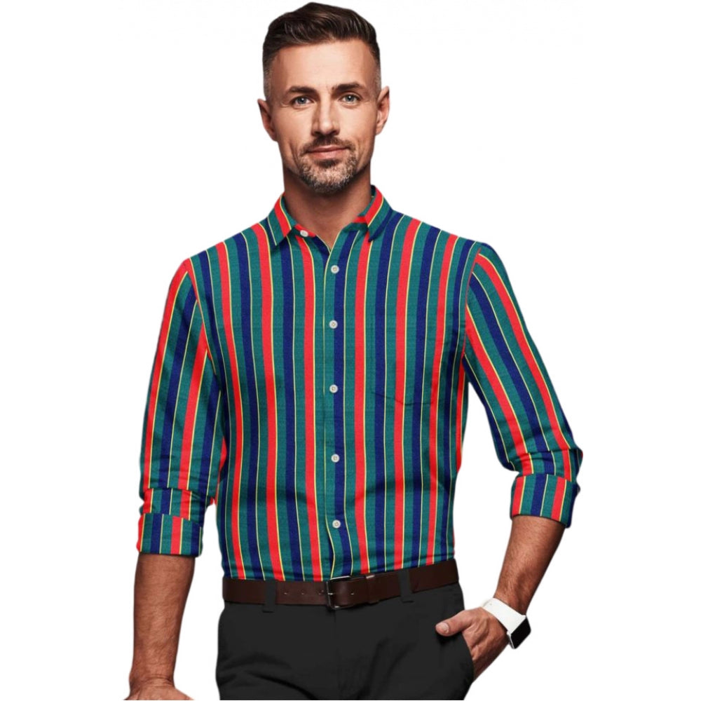 Amfyn Men's Cotton Blended Striped Full Sleeve Shirt (Red-Green)